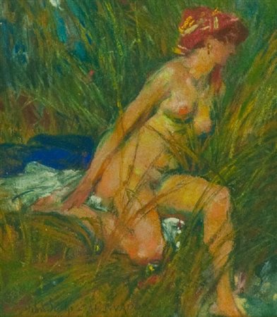 Silvio Bicchi (Livorno 1874 - 1948) AL GUADO Pastelli policromi su carta, cm....