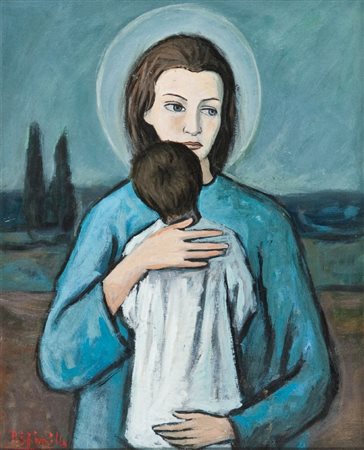 P. Angelico Spinillo MADONNA CON BAMBINO, 1972 Olio su cartone telato, cm....