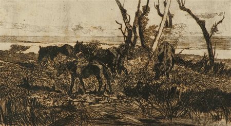 Giovanni Fattori (Livorno 1825 - Firenze 1908) CAVALLI AL PASCOLO Acquaforte...