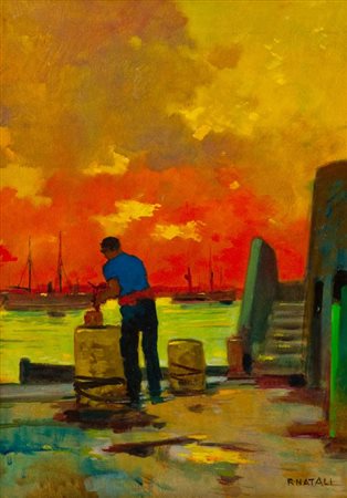 Renato Natali (Livorno 1883 - 1979) TRAMONTO AL PORTO Olio su tavola, cm....