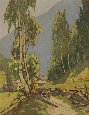 Giovanni Lomi (Livorno 1889 - 1969) PAESAGGIO ALPESTRE Olio su tavola, cm....