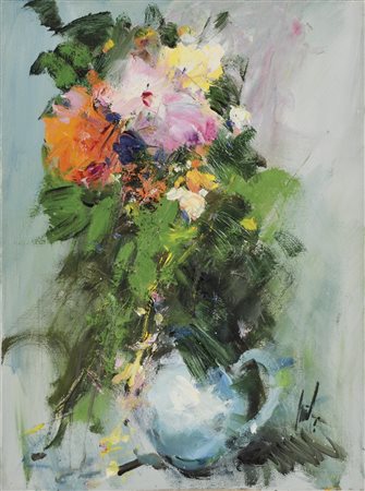 PICCOLI RENZO Vaso di fiori olio su tela 40x30 firma non decifrabile in basso...