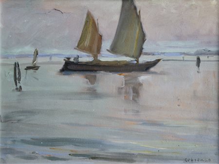COBIANCO LUIGI Villanova Marchesana 1893 - Mestre 1967 Barca in laguna olio...