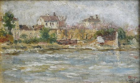 ROSA LUIGI 1850 - 1919 Mazzorbo 1918 olio su tela 25x42 firma data e titolo...