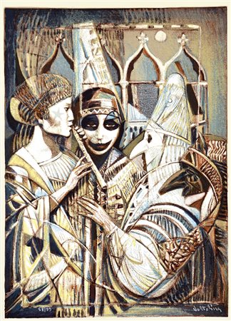 VOLTOLINA LUIGI Valona 1942 Maschere serigrafia es. 58/99 70x50 firma in...