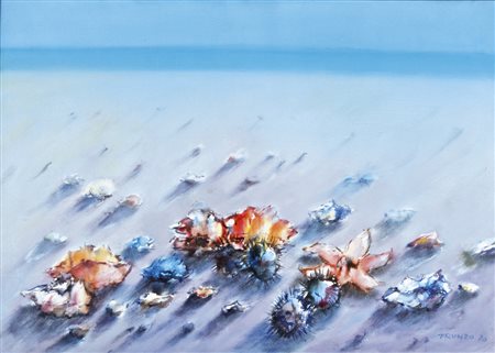 FRUNZO VINCENZO La Spezia 1910 - Roma 1999 Spiaggia e conchiglie 1970 olio su...