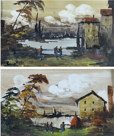 CARGNEL LUCIO Treviso 1903 - Milano 1998 Paesaggi lotto di 2 olii su lastra...