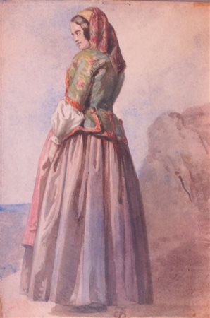 PITTORE NON IDENTIFICATO "Donna in costume" 15x10 acquerello su carta Opera...