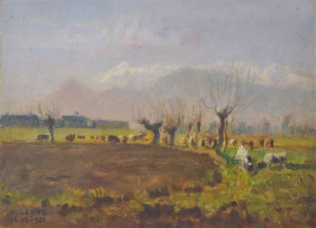 LEONE ROBERTO Tronzano (VC) 1891-1975 Torino "Paesaggio con mucche" 1951...