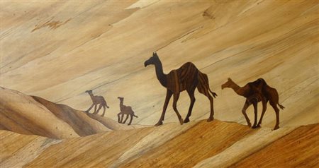 PITTORE ANONIMO DEL XX SECOLO "Dromedari nel deserto" 29x49 tarsia lignea