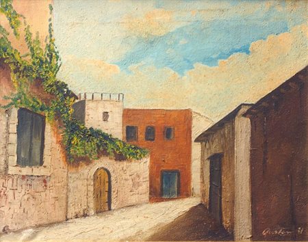 PITTORE NON IDENTIFICATO "Villaggio" 1971 34,5x44,5 olio su tela Firma non...
