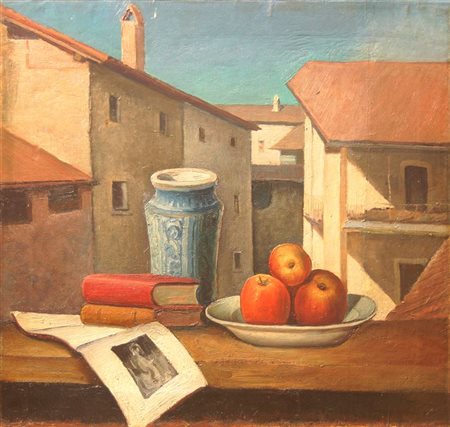 PITTORE ANONIMO DEL XX SECOLO "Natura morta con mele" 59x63 olio su tela