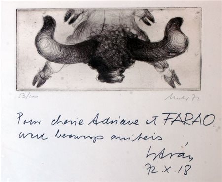 PITTORE NON IDENTIFICATO "Toro" 1972 35x24,5 foglio, 7,5x17 incisione, es....