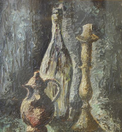 PITTORE ANONIMO DEL XX SECOLO "Natura morta con candeliere" 25x24 olio su tavola