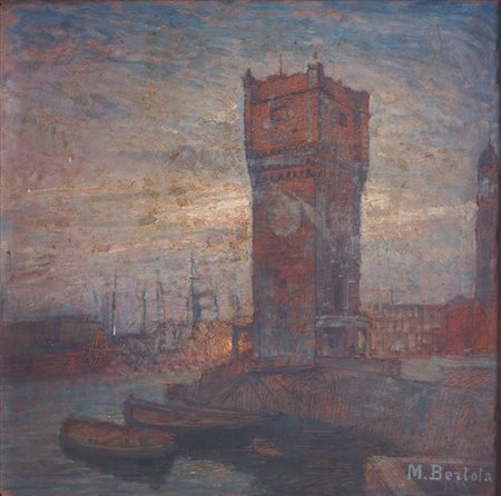 BERTOLA MARIO Torino 1880 - 1926 "Torre sul porto" anni '910 39,2x40 olio su...