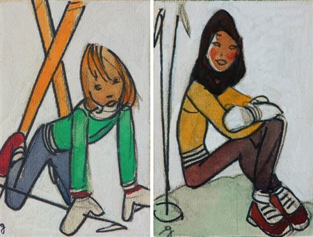 GOLIA (Eugenio Colmo) Torino 1885 - 1967 "Sciatrici" Lotto di due tecniche...