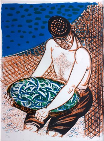 MIGNECO GIUSEPPE Messina 1908 - 1997 Milano "Il pescatore" 60x45 litografia ,...