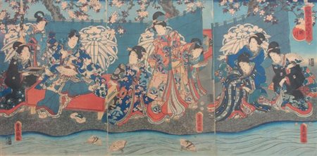 UTAMARO KITAGAWA Giappone 1753 ca - 1806 Lotto di tre incisioni a colori...