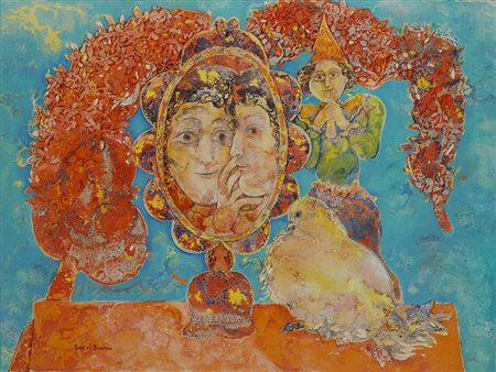 Sakti Burman (Calcutta 1935) - "Senza titolo" olio su tela, cm 46x61 Firmato...