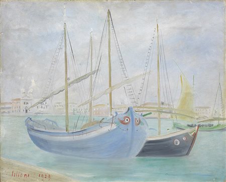 Umberto Lilloni Milano 1898 - 1980 Vele a Venezia, 1939 Olio cartone telato,...