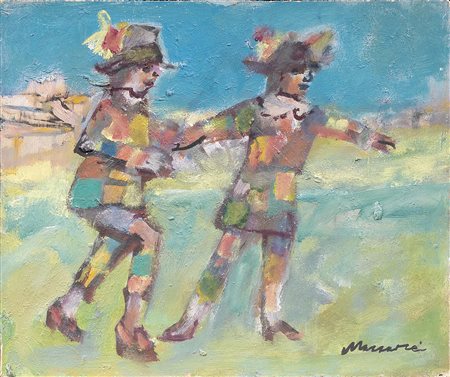 Mino Maccari Siena 1898 - Roma 1989 Figure Olio su tavola, cm. 25x30 Firma in...