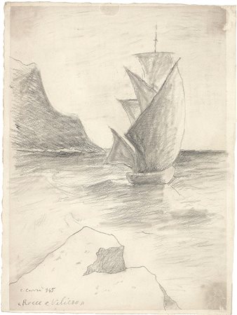 Carlo Carrà Quargnento (Al) 1881 - Milano 1966 Rocce e veliero, 1945 Matita...