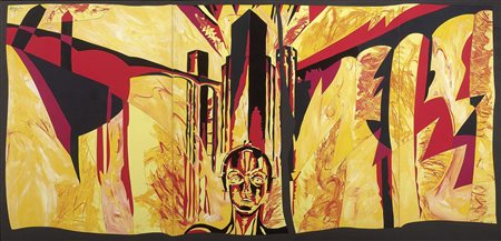 Ugo Nespolo Mosso (Bi) 1941 Metropolis Acrilico su tarsie in legno, cm....