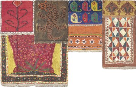 Aldo Mondino Torino 1939 - 2005 Tappeti stesi, 1986 Olio su eraclite, quattro...