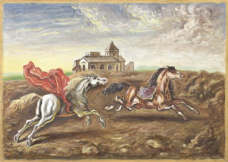 Giorgio de Chirico Volos 1888 - Roma 1978 Due cavalli in un paese, (1964)...