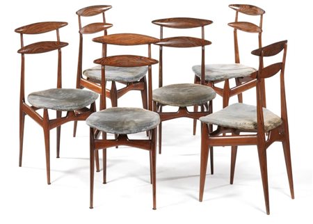 Sei sedie con schienale a doppia fa scia Italia, 1960 Noce massello tornito,...