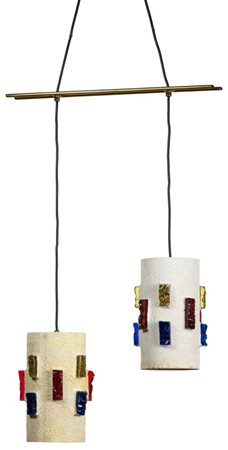 Due lampade a sospensione Italia, 1950 Corpi cilindrici in metallo, tessere...