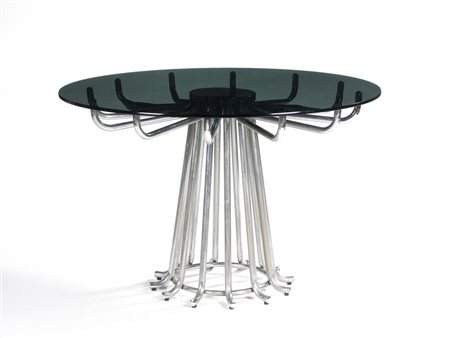 Ta volo Italia, 1970 Struttura in acciaio, piano in cristallo cm 77 h x 120...