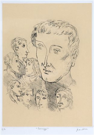 GIORGIO DE CHIRICO 1888 - 1978 " Personaggi " Incisione, cm. 70 x 50 Firmato...