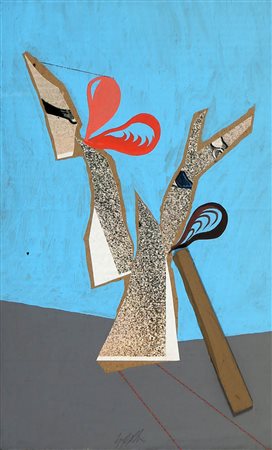 SERGIO DANGELO 1932 " Le kiudo ", anni 70 Tempera e collage su cartone, cm....