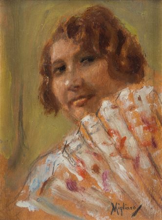 Vincenzo Migliaro (Napoli, 1858 - Napoli, 1938) Donna con ventaglio olio su...