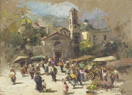 Ermogene Miraglia ( Napoli, 1907 - 1964 ) Scena di mercato olio su tela, cm...