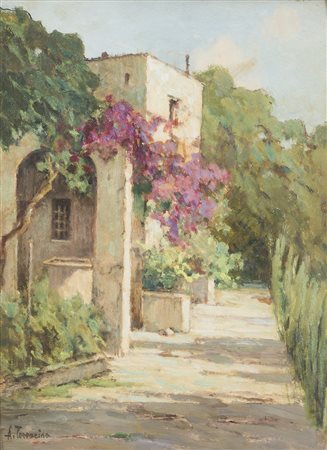 Arturo Bacio Terracina ( Napoli, 1882 - 1958 ) Giardino olio su tavola, cm...