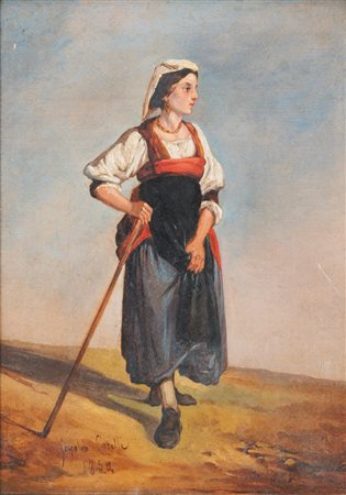 Gonsalvo Carelli (Napoli, 1818 - 1900 ) Contadina in costume olio su tela, cm...