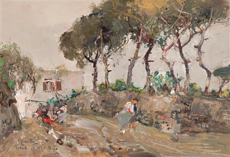Giuseppe Casciaro (Ortelle, 1863 - Napoli,1941) In campagna olio su tavola,...