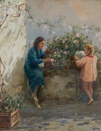 Giovanni Panza (Capo Miseno, 1894 - Napoli, 1989 ) Sulla terrazza olio su...