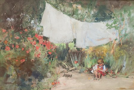 Giuseppe Casciaro (Ortelle, 1861 -Napoli, 1941) Bambino in un giardino...