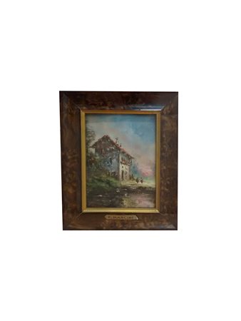 F. Mancini Attivo nel XX secolo Casa nel verde pastello su cartoncino, cm...