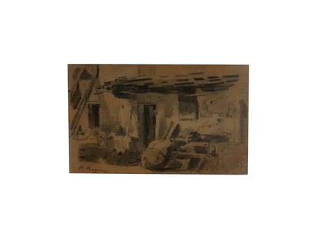 Raffaele Ragione (Napoli,1851 -1925) Il cortile carboncino su carta, cm 9x13...