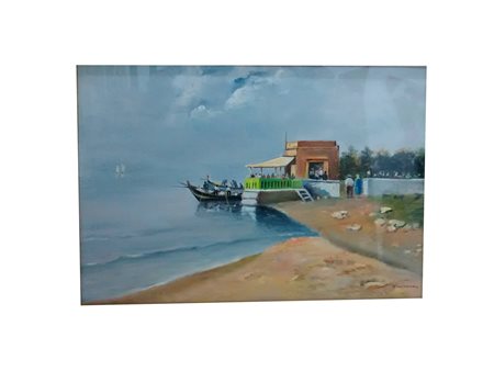 Vincenzo Colucci ((1898-1970) Barche e terrazza con figure olio su tela, cm...