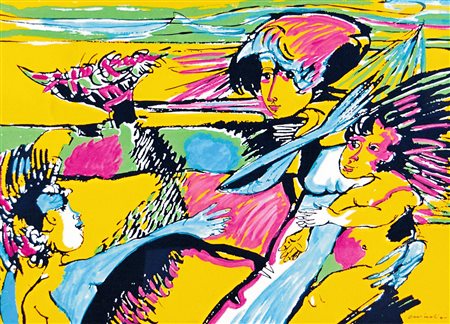 Remo Brindisi "Figure in movimento" retouchè su carta cm 50x70 Autentica su...