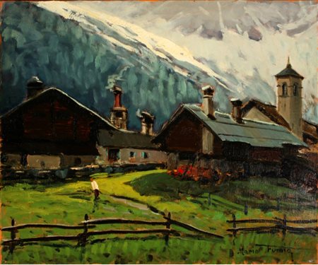 Mario Fumia "paesaggio con baite" olio su tela cm 50x60 Autentica...