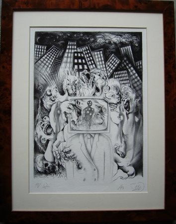 Shalom Neunan "Tv Life" 1999 Stampa digitale acquerellata a mano dall'artista...