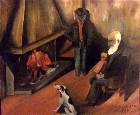 C.Silvestri "intorno al camino" olio su tela cm 50x60