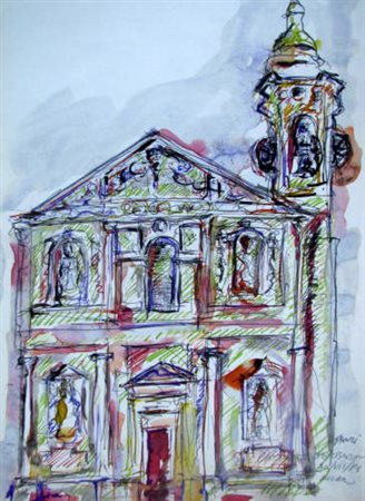 Piero Gauli "Chiesa di San Barnaba-Milano" 1981 Tecnica mista su cartoncino...