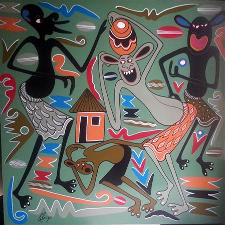 Geroge Lilanga "Villaggio africano" smalti su masonite cm 61x61 Certificato...